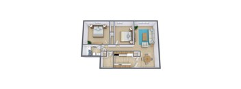 A 3D floor plan of a house with a living room, kitchen, dining room, and bedrooms.