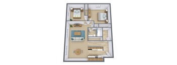 A 3D floor plan of a house with a living room, kitchen, and two bedrooms.
