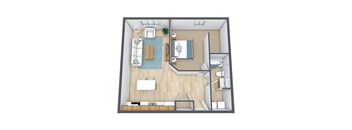 A top-down view of a small apartment with a living room, kitchen, and bedroom.