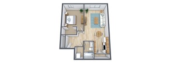 A 3D floor plan of a small apartment with a kitchen, living room, and bathroom.