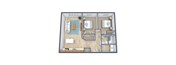 A 3D floor plan of a house with a living room, kitchen, and two bedrooms.