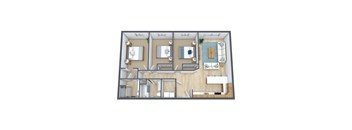A 3D floor plan of a house with a kitchen, living room, and bathrooms.