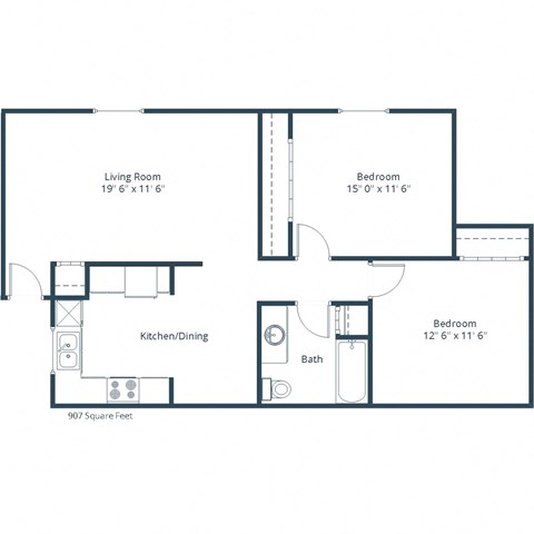2 Bed 1 Bath 907 Sq. Ft. Floor Plan at Parkwest Gardens West Fargo, ND 58078