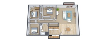 A 3D floor plan of a house showing a living room, kitchen, dining room, and two bedrooms.