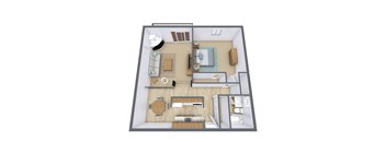 A top-down view of a small apartment with a kitchen, living room, and bathroom.