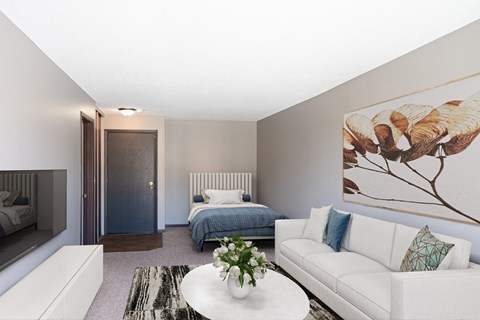 a living room with a couch and a coffee table and a bed