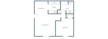 A floor plan of a house with a dining area, kitchen, bath, living room, and bedroom.