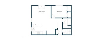 A floor plan of a room with a living room and bedroom.