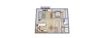 A 3D floor plan of a house with a living room, kitchen, dining room, and bedrooms.