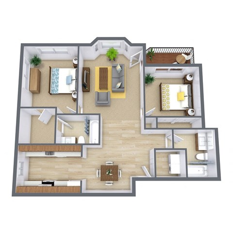 A 3D floor plan of a house with multiple rooms and furniture.