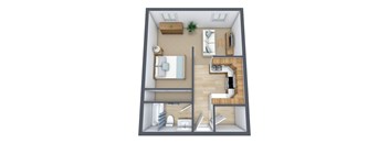 A 3D floor plan of a small apartment with a bedroom, living room, and bathroom.