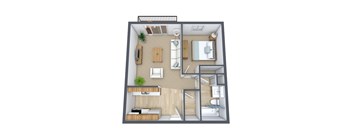 A 3D floor plan of a small apartment with a kitchen, living room, and bathroom.