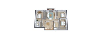 A 3D floor plan of a house with a kitchen, living room, dining room, and bathrooms.