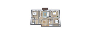 A 3D floor plan of a house with a kitchen, living room, and two bedrooms.