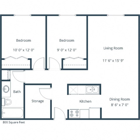 Oak Court Apartments | Two Bedroom 800 Sq. Ft. Floor Plan A
