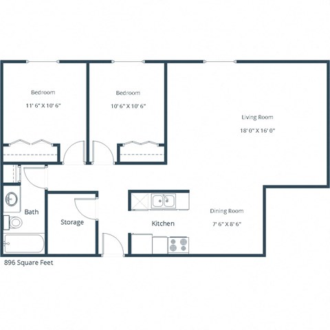 Oak Court Apartments | Two Bedroom 896 Sq. Ft. Floor Plan B