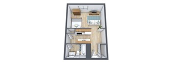 A top-down view of a small apartment with a living room, kitchen, and bathroom.