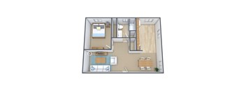 A 3D floor plan of a small apartment with a bedroom, living room, and kitchen.