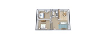 A 3D floor plan of a house with two bedrooms, a living room, a kitchen, and a bathroom.