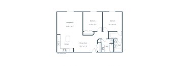 A floor plan of a small apartment with a living room, kitchen, dining room, and two bedrooms.