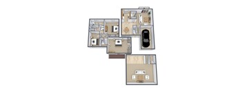 A 3D floor plan of a house with a garage and a car.
