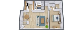 A 3D floor plan of a small apartment with a kitchen, living room, and bedroom.