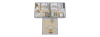 A 3D floor plan of a house with multiple rooms and a staircase.