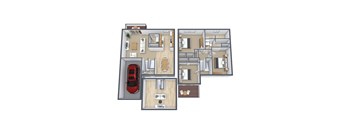 A 3D floor plan of a house with a red car parked in the driveway.