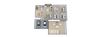 A top-down view of a house layout with two cars.