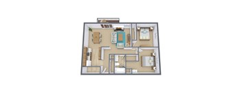 A 3D floor plan of a house with a kitchen, living room, and bathroom.