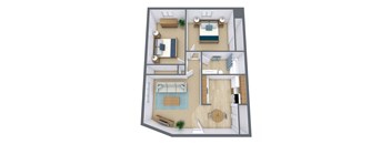 A 3D floor plan of a small apartment with a living room, kitchen, and bedroom.