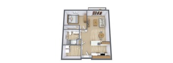 A 3D floor plan of a small apartment with a kitchen, living room, and bathroom.