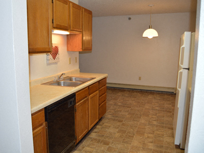 a kitchen with a sink and a refrigerator