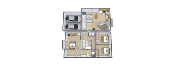 A top-down view of a two-story house with a garage on the first floor and a living area on the second floor.