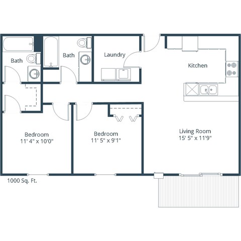 A floor plan of a 1000 square foot home with two bedrooms, a living room, a kitchen, and two bathrooms.