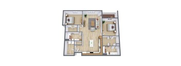 A 3D floor plan of a house with multiple rooms and furniture.