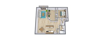 A 3D floor plan of a house with a living room, kitchen, and bathroom.