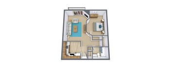 A 3D floor plan of a small apartment with a kitchen, living room, and bedroom.
