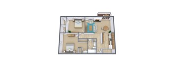 A 3D floor plan of a house with a living room, kitchen, and two bedrooms.
