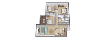 A 3D floor plan of a house with multiple rooms and furniture.