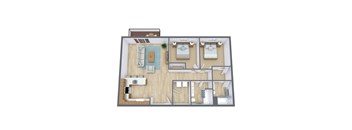 A 3D floor plan of a house with a kitchen, living room, and bedrooms.