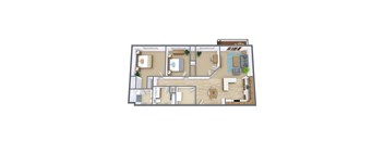 A 3D floor plan of a house with a kitchen, living room, and bathroom.