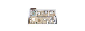 A 3D floor plan of a house with a living room, kitchen, dining room, and bedrooms.