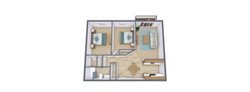 A 3D floor plan of a house with two bedrooms and a living area.