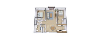 A 3D floor plan of a small apartment with a living room, kitchen, and bedroom.