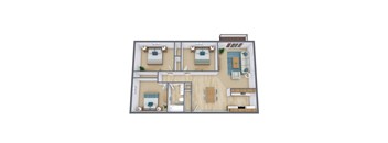A 3D floor plan of a house with two bedrooms, a living room, a kitchen, and a bathroom.