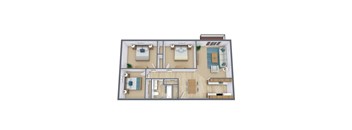 A 3D floor plan of a house with two bedrooms, a living room, a kitchen, and a bathroom.