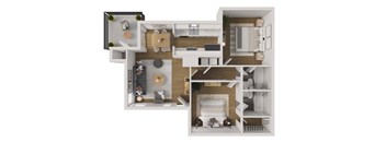 A 3D floor plan of a house showing a living room, kitchen, and bathroom.