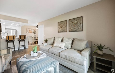 Living Room With Kitchen at The Oaks Apartments, Upland, California