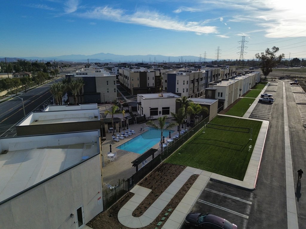 a view of the pool from the roof of a buildingat Westbury Apartments, Rancho Cucamonga, CA, 91739